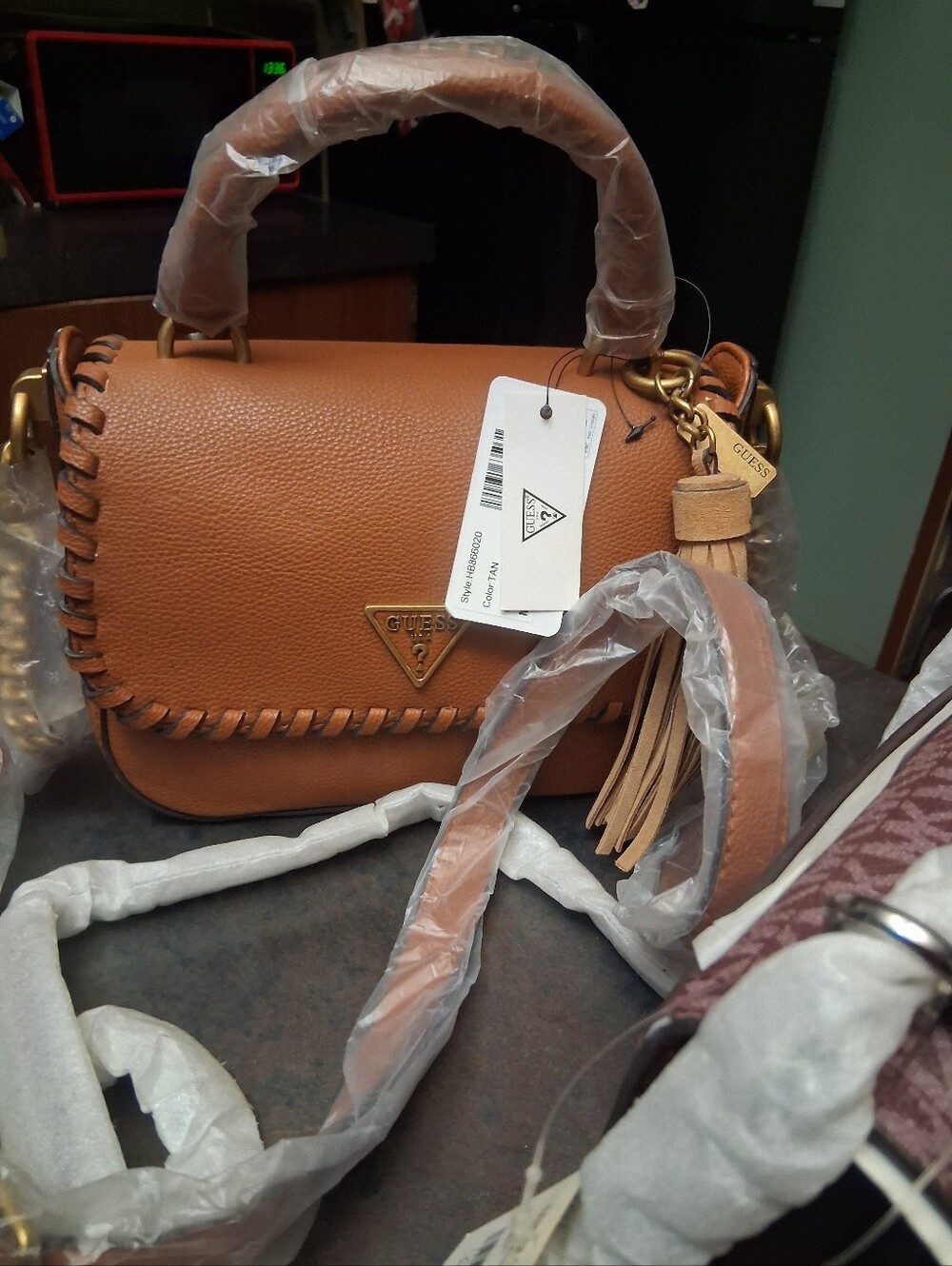 GUESS Tan Leather Whipstitch Top-Handle Crossbody with Tassel